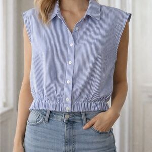 Elodie Sleeveless Blue and White Button Down Top